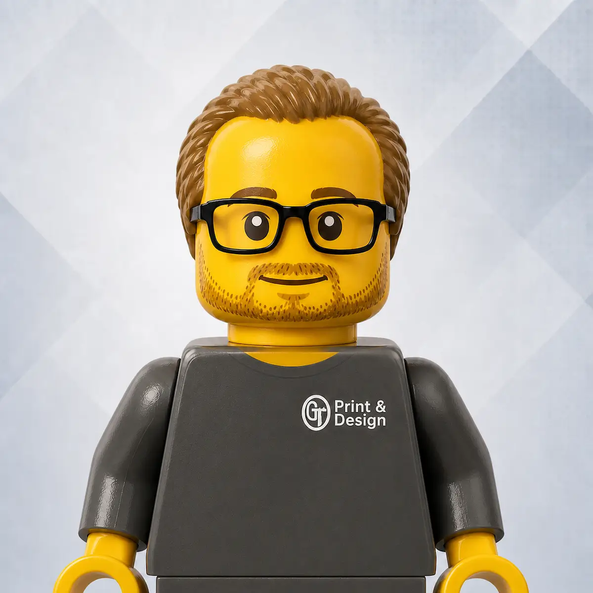 Custom LEGO-style male figure wearing glasses and Print & Design shirt