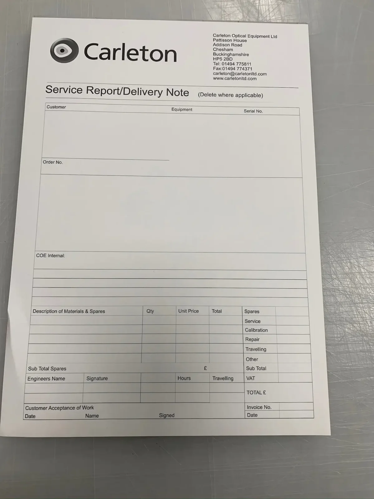 Carleton Service Report and Delivery Note form