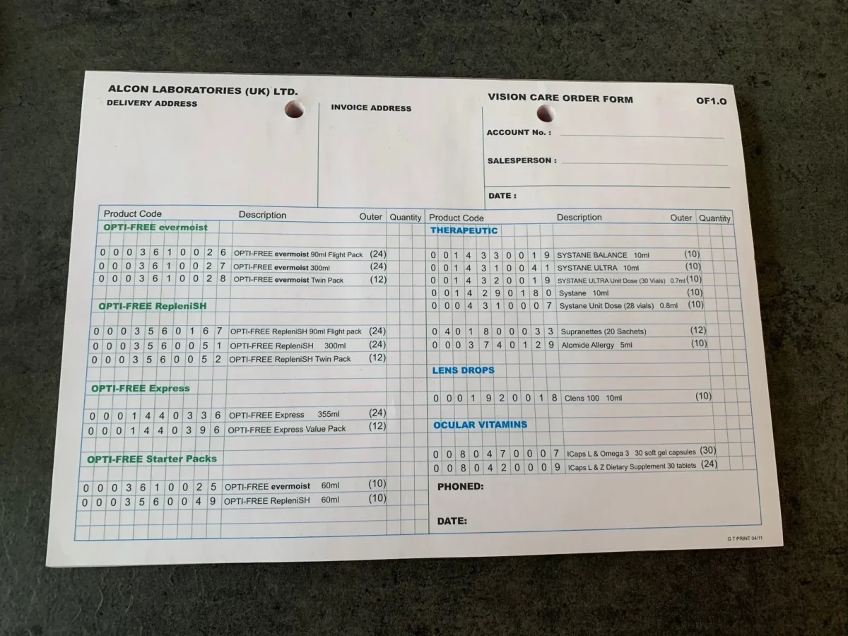 Alcon Vision Care order form with product list