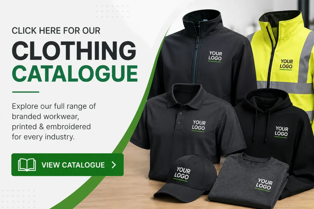 Branded workwear clothing catalogue with custom logo garments
