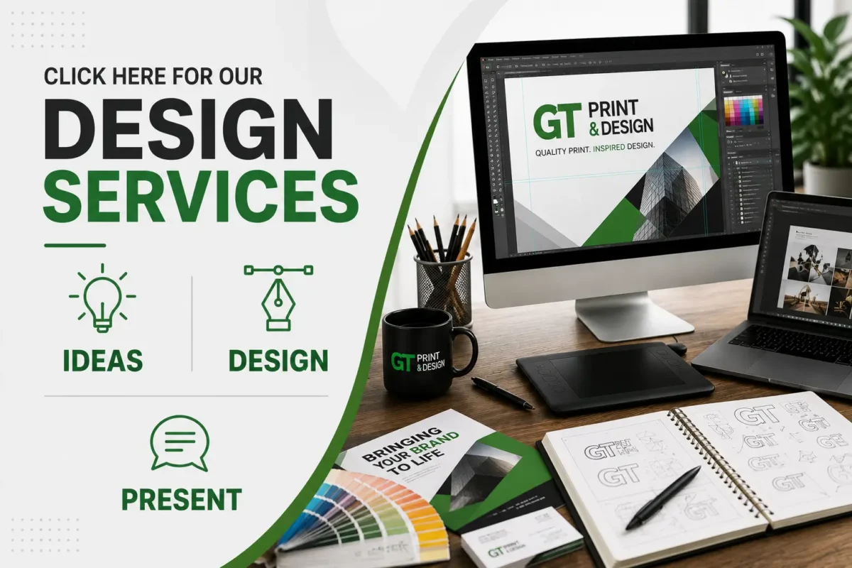 Graphic design services advertisement with desktop workspace setup