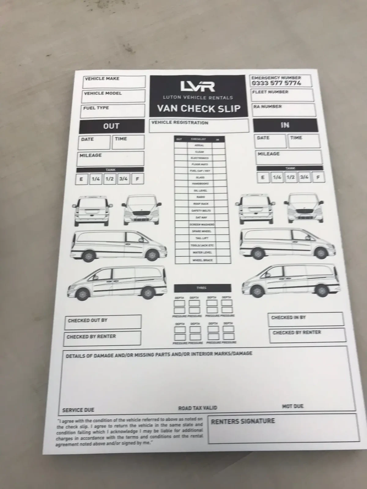 Van rental check slip inspection form document