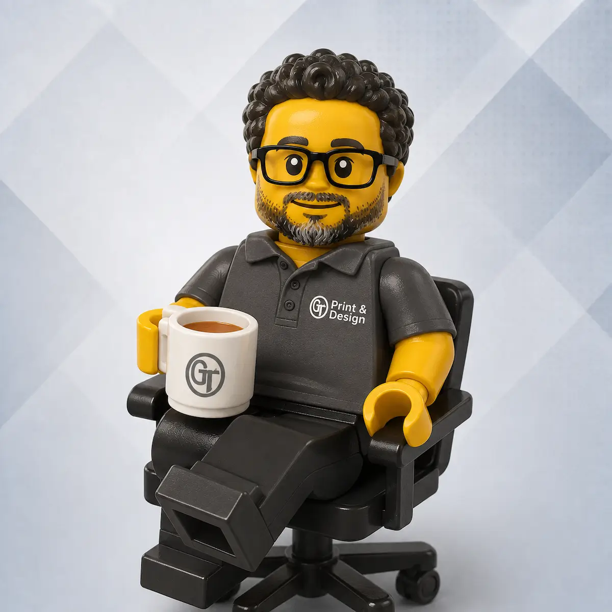 LEGO-style designer figurine holding mug in office chair