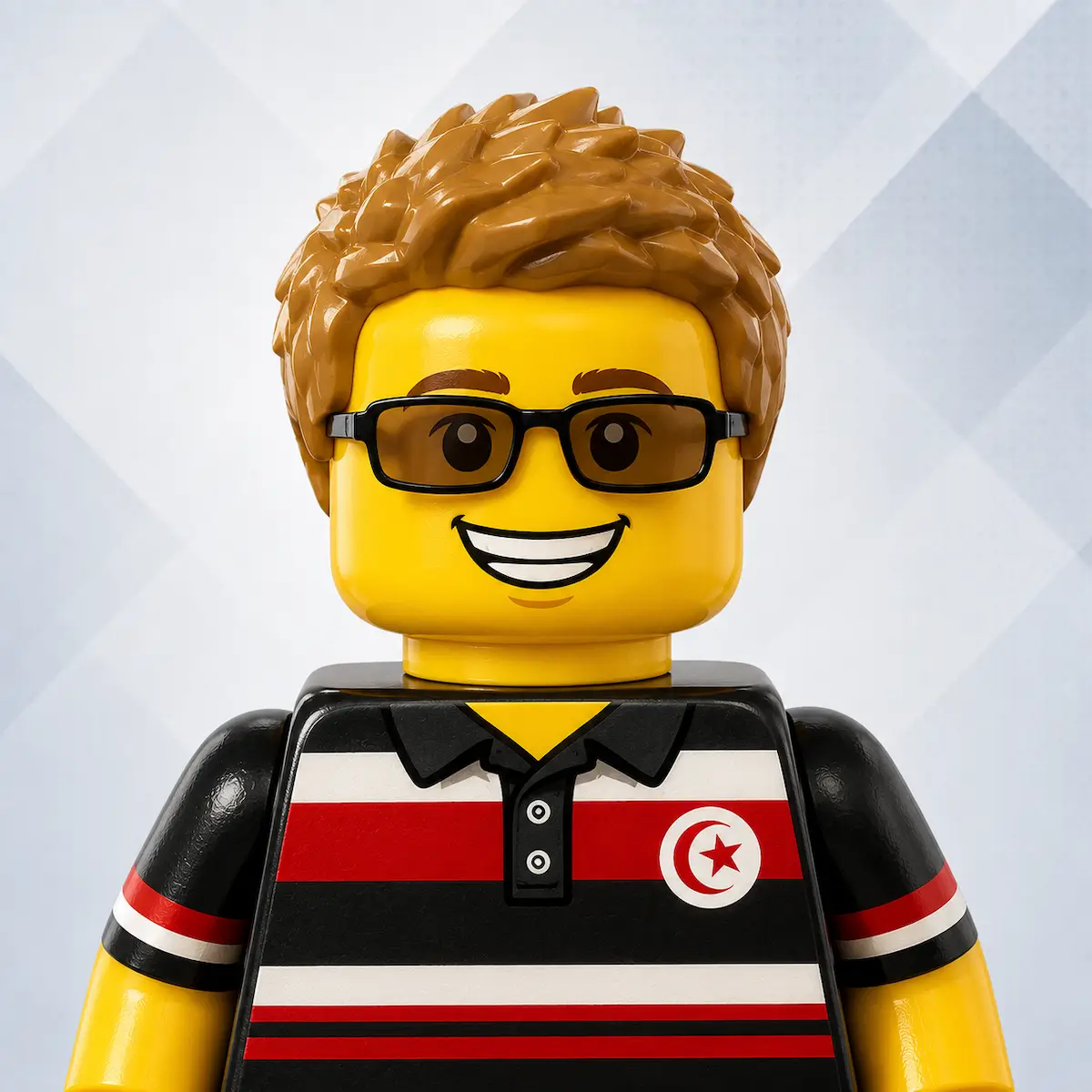 Smiling LEGO-style Tunisian supporter wearing glasses and striped polo