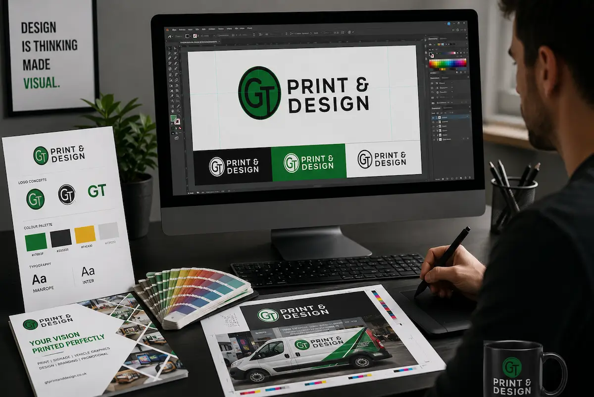 Designer creating green print and design branding on computer