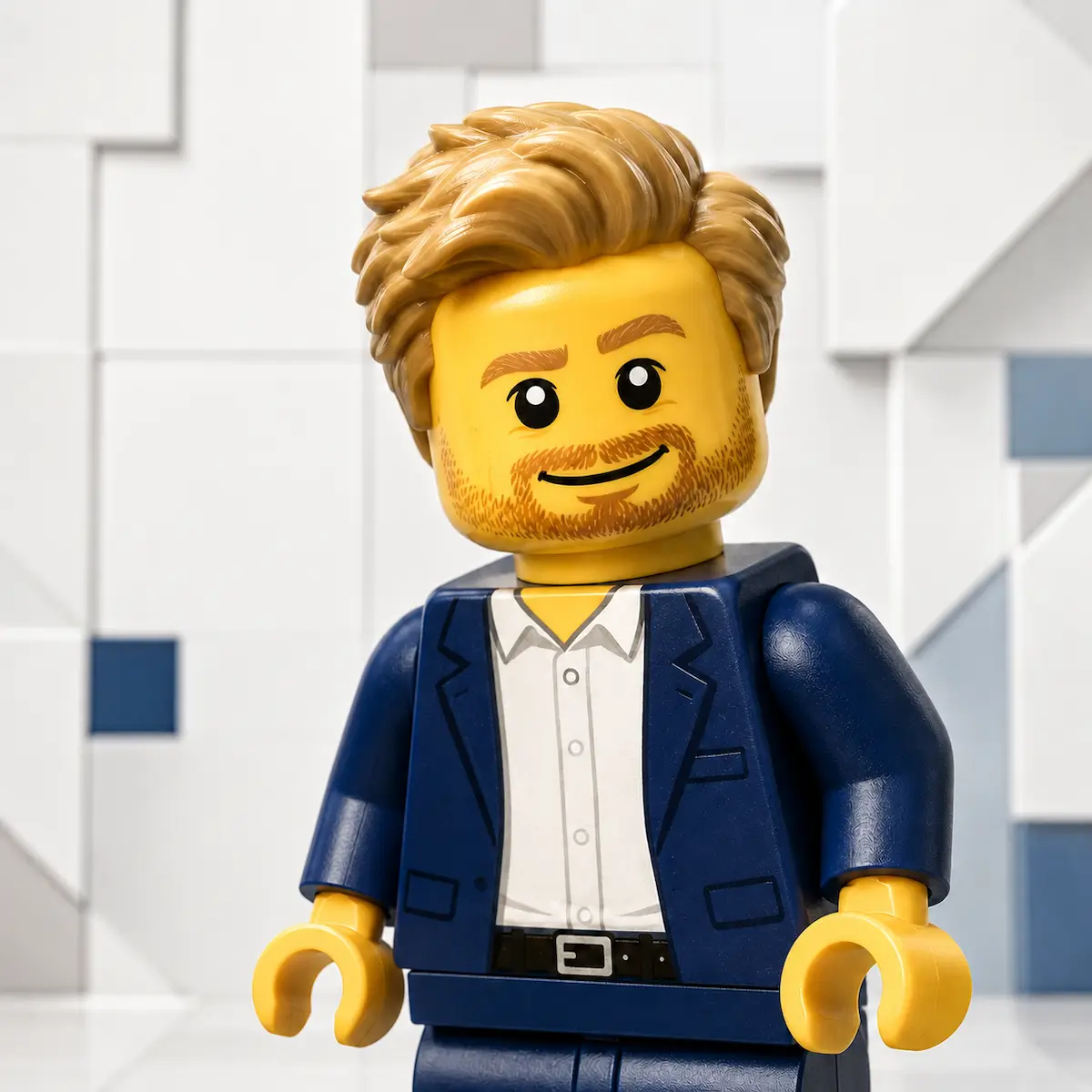 Smiling bearded LEGO minifigure in navy suit jacket
