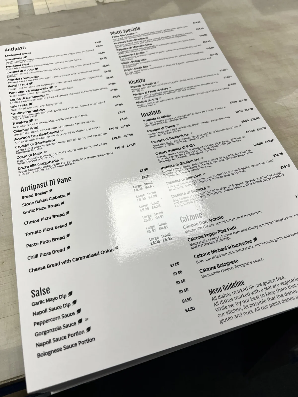 Italian restaurant menu listing antipasti, risotto, salads and calzones