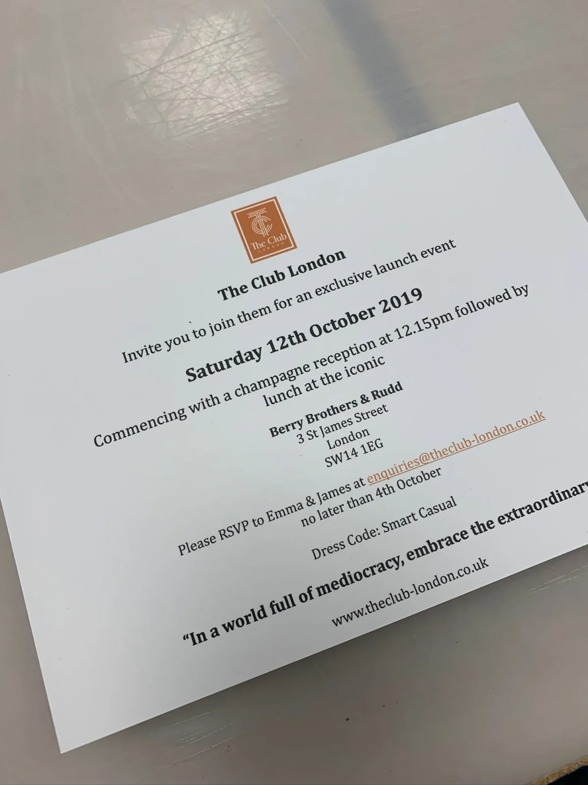 The Club London exclusive launch event invitation card