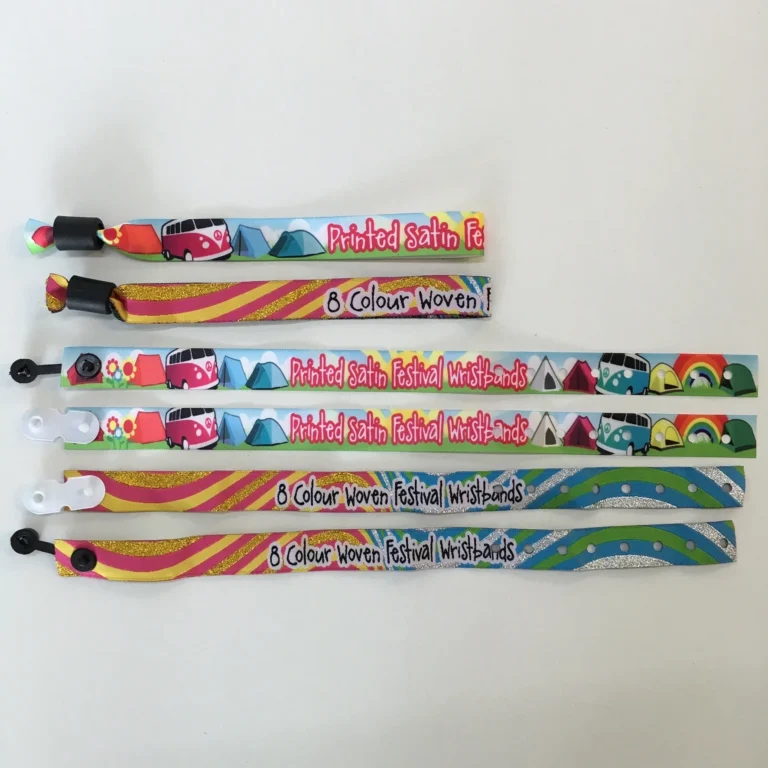Colourful printed satin festival wristbands with camping designs