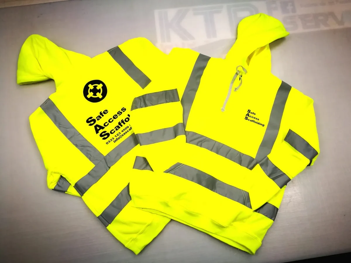 High-visibility yellow scaffolders’ hooded jackets with reflective strips