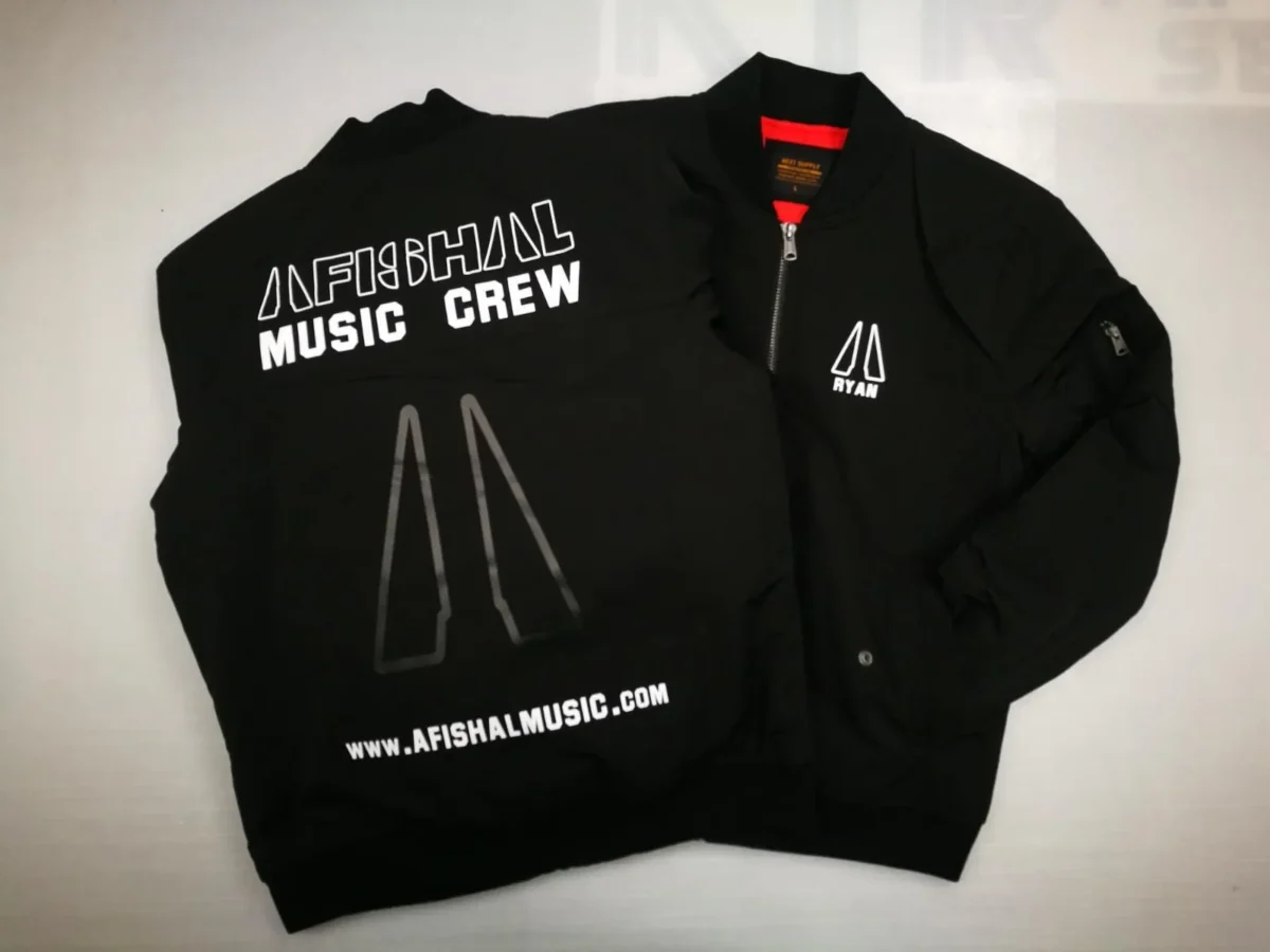 Black Afishal Music Crew bomber jacket with white graphics