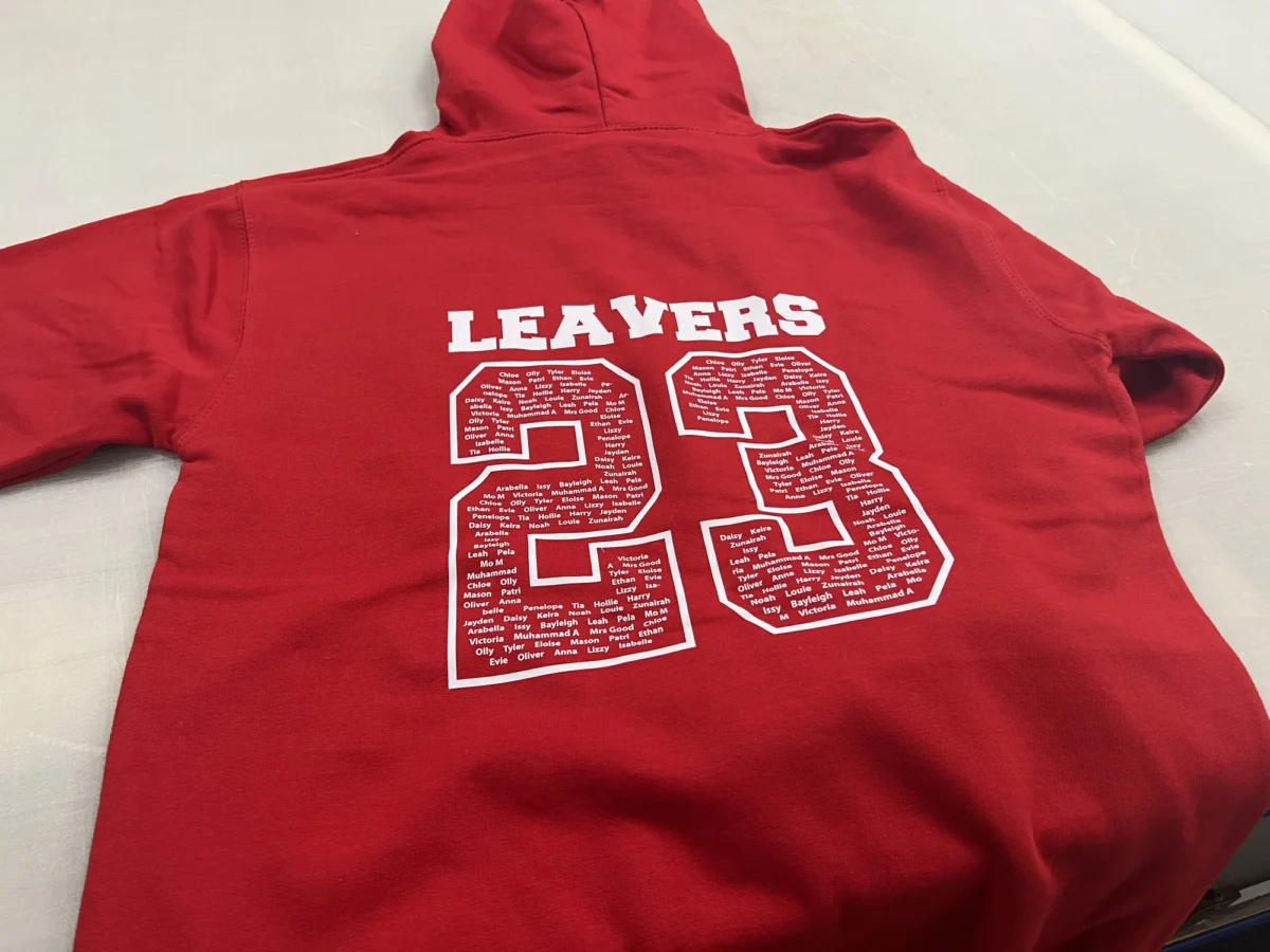 Red LEAVERS 25 hoodie printed with pupils’ names