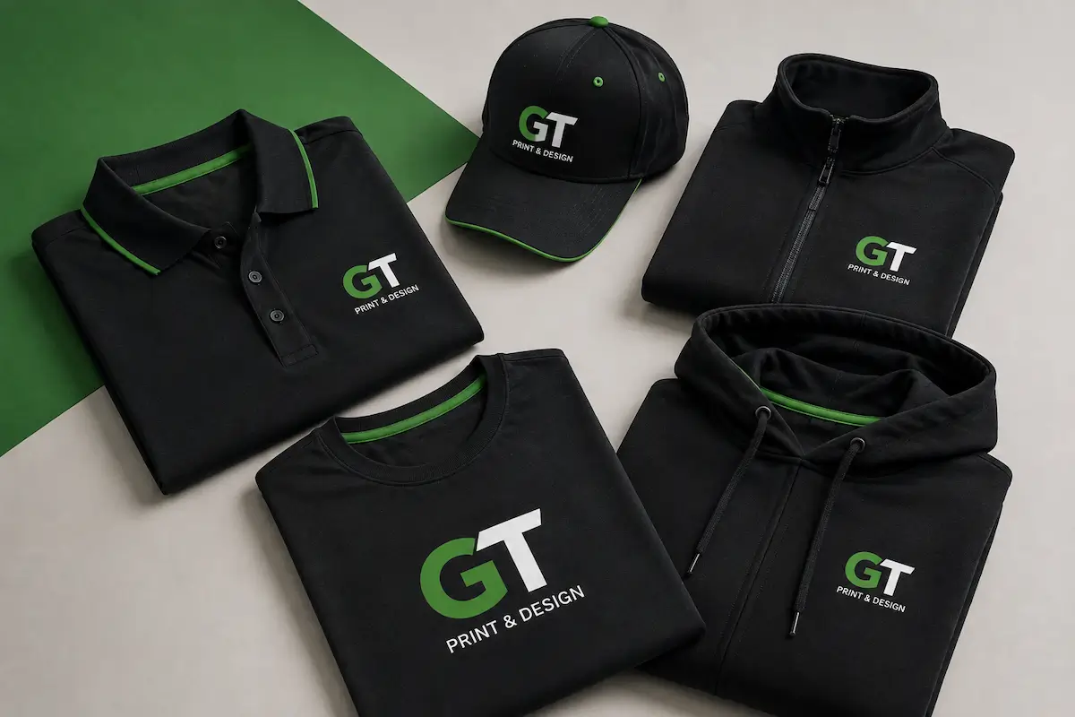 Branded black clothing and cap with GT logo