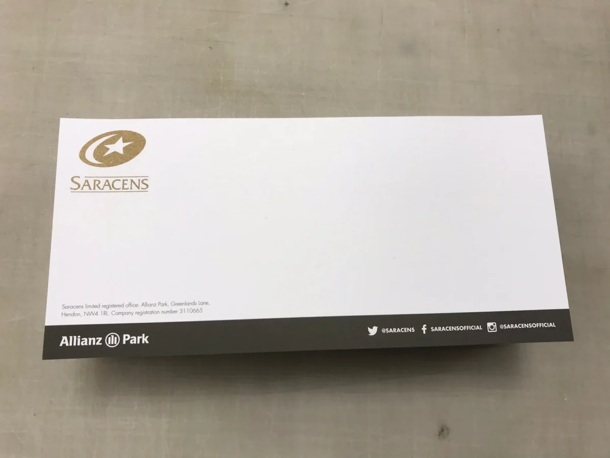 Saracens and Allianz Park branded compliment slip