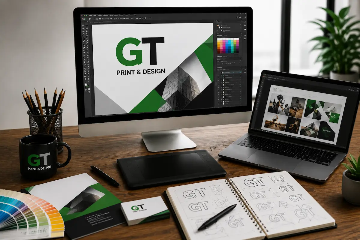 Graphic design workspace with GT Print & Design branding