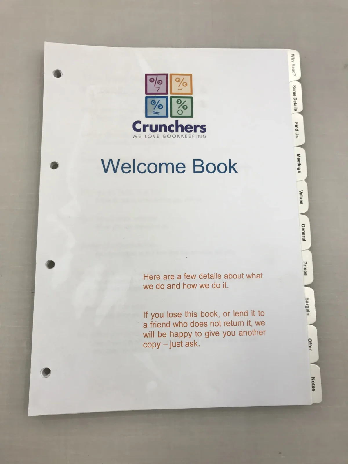 Crunchers bookkeeping welcome book with labelled section tabs
