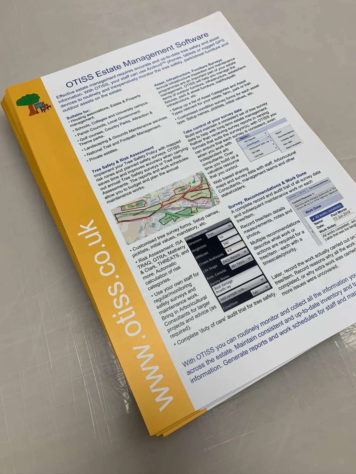Stack of OTISS Estate Management Software promotional leaflets