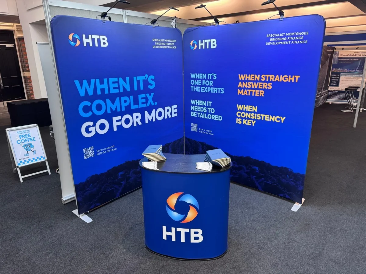 HTB specialist finance exhibition stand with blue promotional displays