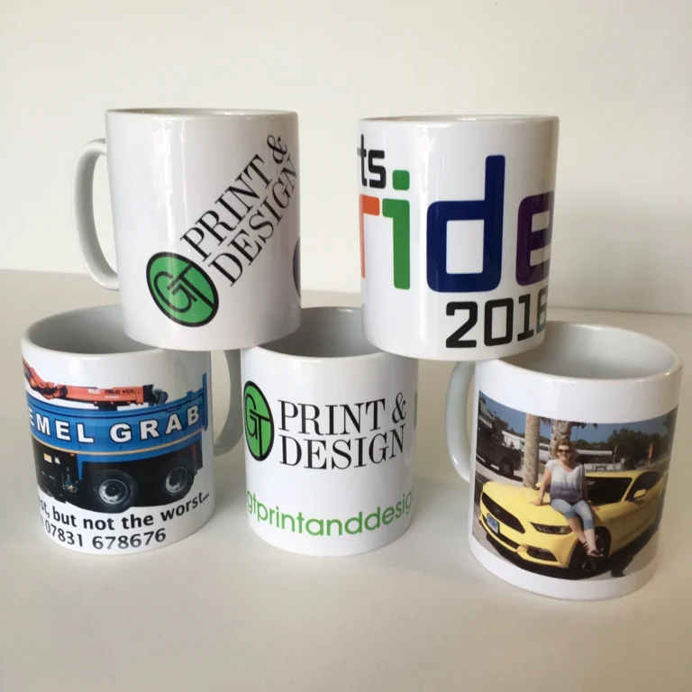 Five personalised printed ceramic mugs with logos, vehicles and photographs