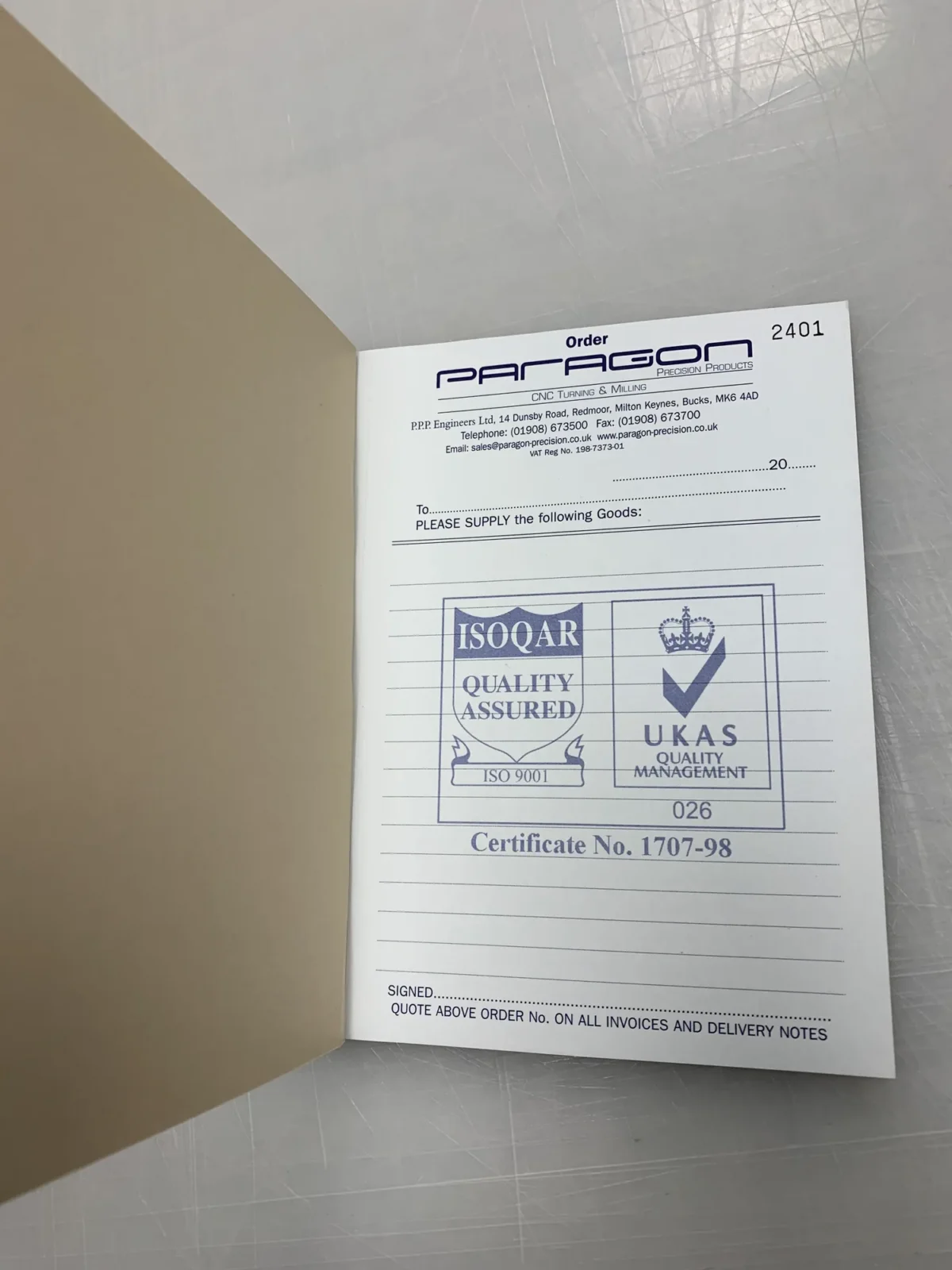 Paragon Precision Products order form with ISO quality certification logos