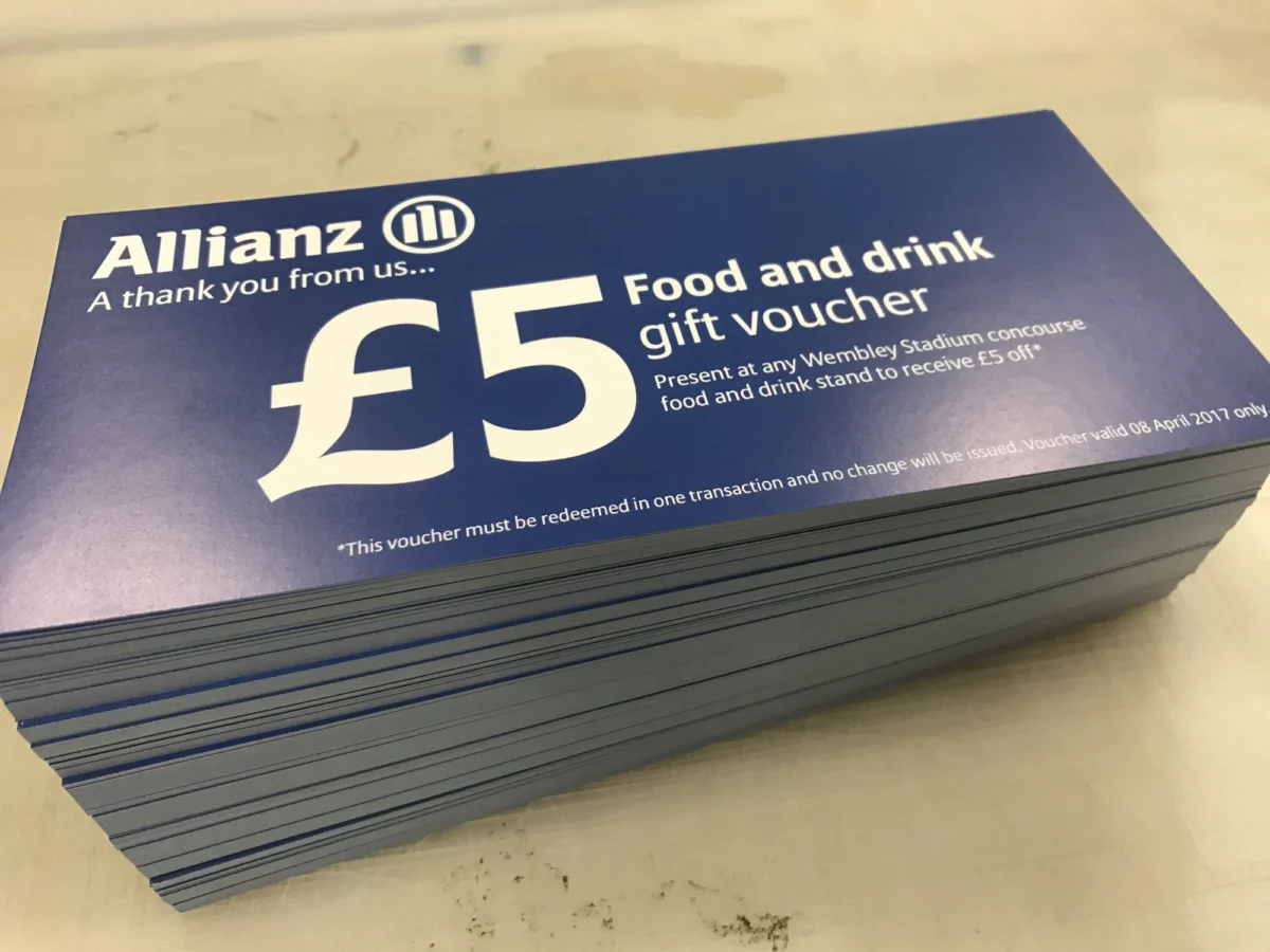 Stack of Allianz £5 Wembley food and drink vouchers