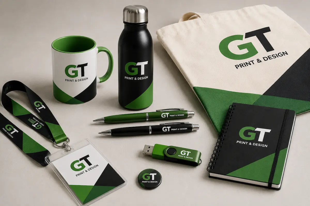 Branded promotional merchandise set with GT Print & Design logo