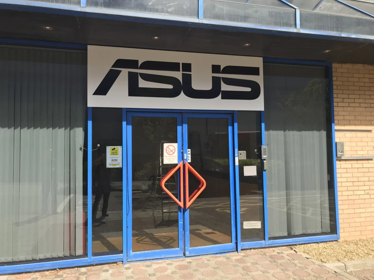 ASUS office entrance with blue-framed glass doors