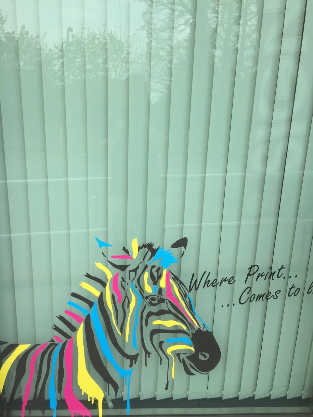 Colourful painted zebra graphic on a window with vertical blinds