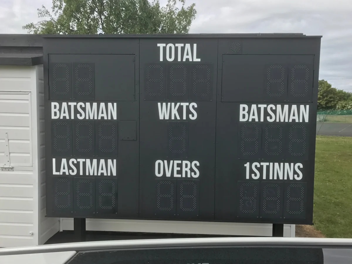 Cricket scoreboard showing total, batsmen, wickets and overs