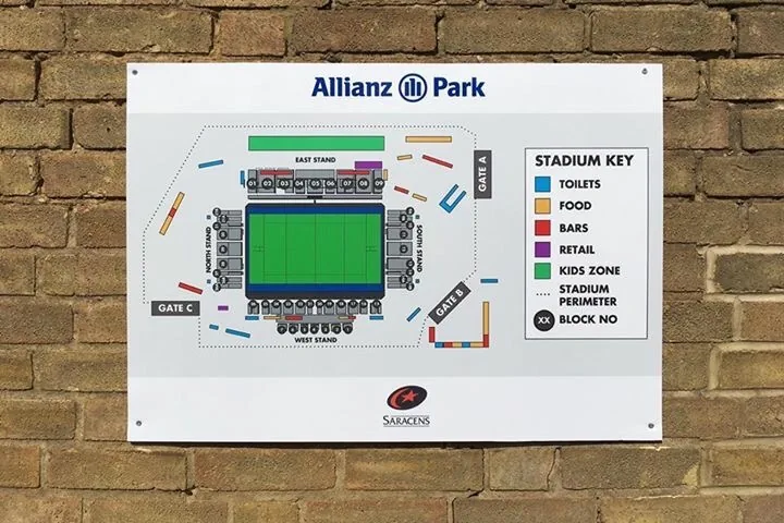 Allianz Park stadium map sign mounted on brick wall