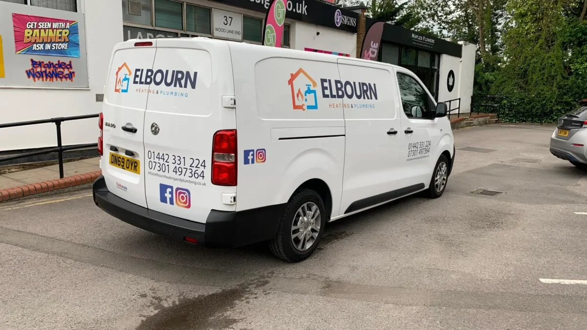 Elbourn Heating and Plumbing branded white van