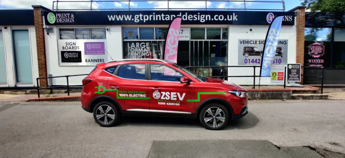 Red MG ZS EV outside print and design shop