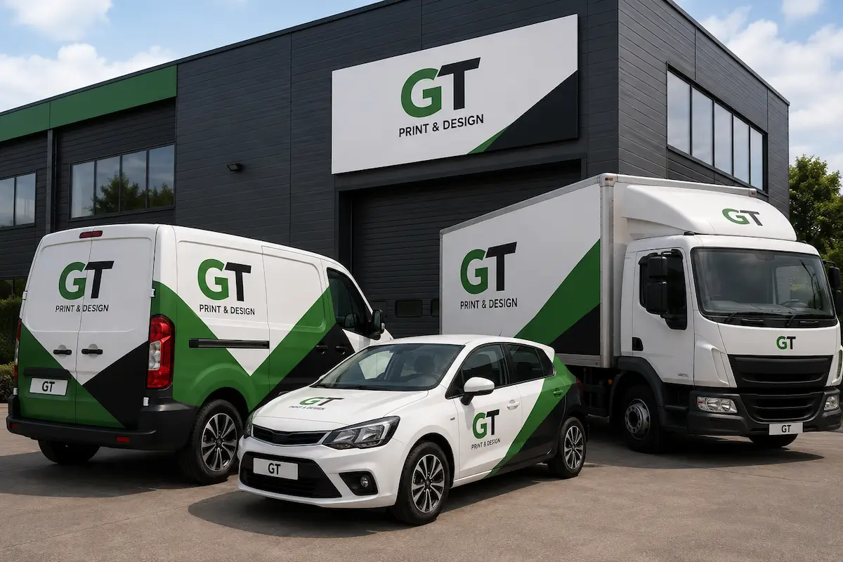 GT Print & Design branded company vehicles outside building